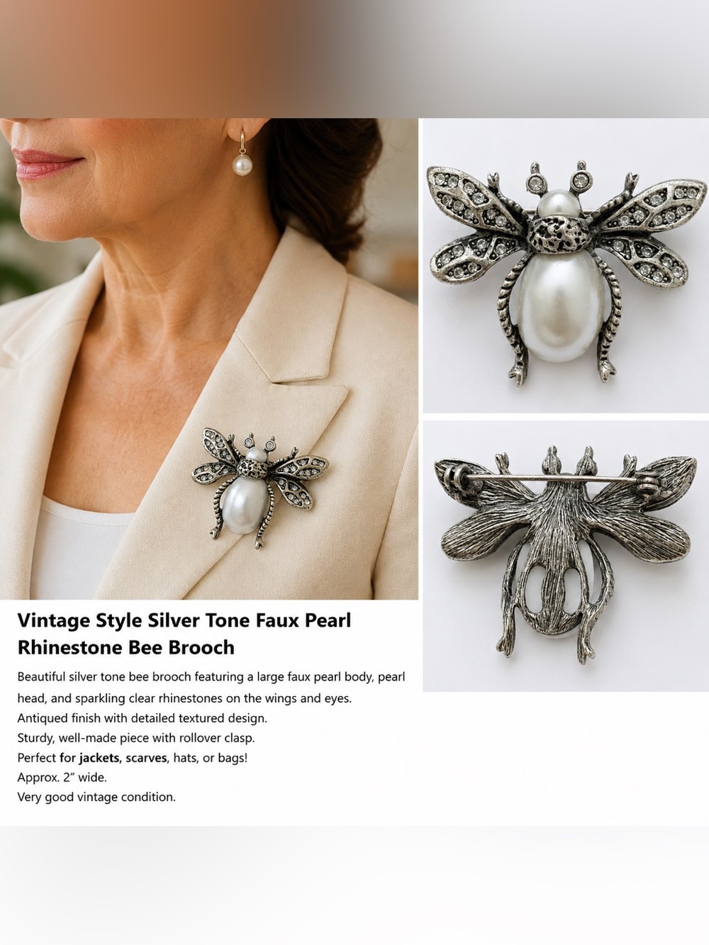 Silver Tone Faux Pearl Rhinestone Bee Brooch